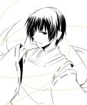  1boy axis_powers_hetalia happy headphones japan japanese_clothes male_focus monochrome music short_hair singing sketch solo spot_color upper_body white_background 