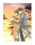  beach brown_eyes brown_hair couple gloves hug jacket pants scarf short_hair sky sunset water yamane_ayano yaoi 