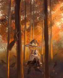  1girl aeginflash apron autumn autumn_leaves bird black_footwear black_hat black_ribbon black_skirt black_vest blonde_hair boots bow braid bush canopy_(forest) collared_shirt commentary_request crow expressionless forest frilled_apron frills grass hair_bow hat hat_bow hat_ribbon highres holding holding_mushroom juliet_sleeves kirisame_marisa knee_boots leaf long_hair long_sleeves looking_at_animal mushroom nature neck_ribbon on_one_knee outdoors puffy_sleeves ribbon shirt sidelighting signature single_braid skirt solo squirrel sunset touhou tree very_long_hair vest waist_apron wavy_hair white_apron white_bow white_ribbon white_shirt witch_hat yellow_eyes 