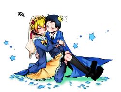  black_hair blonde_hair blue_eyes blush cape couple crossdressinging durarara!! flower headdress jacket masaome_kida ribbon royalty ryuugamine_mikado short_hair skirt stars suit sweatdrop wink yaoi yellow_eyes 