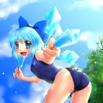  1girl blue_eyes blue_hair bow cirno hair_bow looking_back one-piece_swimsuit open_mouth popsicle school_swimsuit senbonmatsu short_hair solo swimsuit touhou wet 