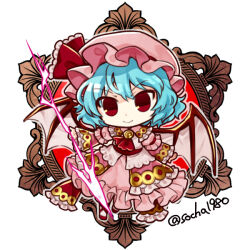  1girl aqua_hair ascot bat_wings chibi chibi_only closed_mouth commentary_request frilled_skirt frills full_body hat hat_ribbon holding holding_polearm holding_weapon long_sleeves looking_at_viewer mob_cap pink_hat pink_shirt pink_skirt polearm red_ascot red_eyes red_ribbon remilia_scarlet ribbon shirt short_hair skirt smile socha solo spear_the_gungnir touhou twitter_username v-shaped_eyebrows weapon wings 