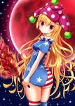  1girl absurdres akakabu_(obsidian910) american_flag_dress american_flag_legwear ass blonde_hair breasts clownpiece dress fire hat highres jester_cap long_hair medium_breasts microdress short_sleeves skindentation thigh-highs torch touhou violet_eyes 