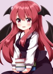  1girl :d black_skirt black_vest blush book book_stack collared_shirt commentary demon_wings head_wings highres holding holding_book koakuma long_hair long_sleeves looking_at_viewer open_mouth pink_background red_eyes redhead ruu_(tksymkw) shirt simple_background skirt skirt_set smile solo touhou upper_body vest white_shirt wings 