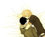  black_hair blonde_hair cavallone_dino couple hibari_kyoya hug jacket katekyou_hitman_reborn short_hair sleeping tattoo yaoi 