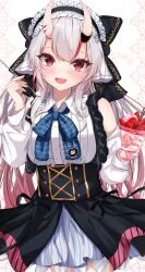  1girl absurdres black_bow black_skirt blue_ribbon blush bow center-flap_bangs center_frills clothing_cutout collared_shirt commentary_request cowboy_shot food frilled_hairband frilled_shirt frilled_shirt_collar frills fruit hair_bow hairband high-waist_skirt highres holding holding_food holding_spoon hololive horns lolita_fashion lolita_hairband long_hair long_sleeves looking_at_viewer miaruri multicolored_hair nakiri_ayame nakiri_ayame_(girly) neck_ribbon official_alternate_costume official_alternate_hairstyle oni open_mouth parfait red_eyes redhead ribbon shirt shoulder_cutout skin-covered_horns skirt smile solo spoon standing strawberry streaked_hair suspender_skirt suspenders virtual_youtuber white_hair white_shirt 