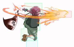  1girl black_jacket bocchi_the_rock! bottle braid clenched_hand dress fighting_game fire full_body green_dress guilty_gear hiroi_kikuri hitbox holding holding_bottle jacket long_hair punching purple_hair simple_background sol_badguy solo torako_(toramaru) white_background 