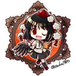  1girl ;d black_hair black_ribbon black_skirt black_socks black_wings book calligraphy_brush chibi chibi_only collared_shirt full_body geta hat holding holding_book holding_brush looking_at_viewer neck_ribbon one_eye_closed open_mouth paintbrush pom_pom_(clothes) red_eyes red_footwear red_hat ribbon shameimaru_aya shirt short_sleeves skirt smile socha socks solo tengu-geta tokin_hat touhou transparent_background twitter_username white_shirt wings 