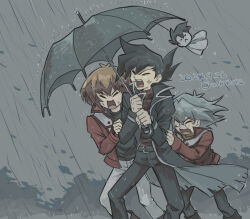  3boys anger_vein belt black_belt black_coat black_hair black_pants brown_hair coat feet_out_of_frame holding holding_umbrella jacket manjoume_jun marufuji_sho moiko multiple_boys open_mouth outdoors pants rain red_jacket short_hair sideburns storm teeth teruterubouzu umbrella white_pants wind yu-gi-oh! yu-gi-oh!_gx yuki_judai 