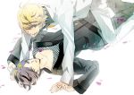  b_prince black_hair blonde_hair blue_eyes clothes couple flower_pedal green_eyes jacket jewelry on_back pants ring short_hair suit white_clothes yaoi 