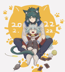  2022 2boys animal_ear_fluff animal_ears black_pants blue_hair brothers card cat_boy cat_ears cat_tail cat_teaser closed_mouth dated fangs full_body grey_eyes highres jacket kemonomimi_mode male_focus marufuji_ryo marufuji_sho moiko multiple_boys pants playing_card red_jacket short_hair siblings sitting sitting_on_lap sitting_on_person socks tail toy_mouse white_socks yu-gi-oh! yu-gi-oh!_gx 