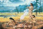  3boys black_hair caveman facial_hair fire multiple_boys nature prehistoric realistic shuinchi_hosono smoke water 