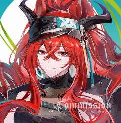  1girl absurdres arknights bare_shoulders black_headband black_jacket black_shirt blue_background coat coat_on_shoulders commission crossed_bangs earrings fanxiang_kafeiyin hair_between_eyes headband highres horns jacket jewelry long_hair looking_at_viewer narantuya_(arknights) red_eyes redhead shirt smile solo upper_body very_long_hair 