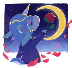 1boy androgynous animal_crossing animal_ears black_background blue_background blue_fur blue_hair blue_hoodie blue_tail blurry bokeh border closed_eyes closed_mouth crescent_moon cropped_torso depth_of_field eyelashes eyeshadow falling_petals flower from_behind furry gradient_background highres holding holding_flower hood hood_down hoodie horse_boy horse_ears julian_(animal_crossing) kopa_nishikida light_smile makeup male_focus medium_hair moon night night_sky outdoors outside_border petals pink_eyeshadow red_flower red_petals red_rose rose short_tail sidelighting sky solo tail two-tone_background unicorn unicorn_horn upper_body white_border wind 