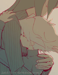  2boys brothers closed_eyes dated facing_away fingernails grey_background hug long_hair male_focus marufuji_ryo marufuji_sho moiko monochrome multiple_boys ribbed_sweater short_hair siblings sweater twitter_username yu-gi-oh! yu-gi-oh!_gx 