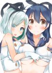 2girls :p alternate_costume bare_shoulders black_hair blue_eyes blush breasts brown_eyes commentary_request cosplay gloves hair_ornament hairband hairpin hamakaze_(kantai_collection) highres kantai_collection large_breasts long_hair looking_at_viewer multiple_girls okomeito revision school_uniform serafuku shimakaze_(kantai_collection) shimakaze_(kantai_collection)_(cosplay) silver_hair simple_background smile sweat tongue tongue_out under_boob undressing upper_body ushio_(kantai_collection) white_background white_gloves 