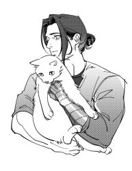  1boy allie_lynee animal animal_ears animal_nose cat cat_ears closed_mouth greyscale hair_bun highres holding holding_animal james_buchanan_barnes long_sleeves looking_to_the_side marvel monochrome prosthesis prosthetic_arm shirt short_hair simple_background upper_body 