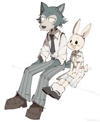  1boy 1girl :d animal_ears animal_nose arm_between_legs artist_name beastars belt black_belt black_footwear black_necktie blush brown_footwear collared_shirt colored_skin dress full_body furry furry_female furry_male grey_fur grey_pants grey_tail haru_(beastars) highres legoshi looking_at_another neckerchief necktie open_mouth pants rabbit_ears rabbit_girl rabbit_tail shirt short_sleeves simple_background sitting sleeves_past_elbows smile socks striped_clothes striped_pants suspenders tail takawoyu v_arms vertical-striped_clothes vertical-striped_pants white_background white_dress white_neckerchief white_shirt white_skin white_socks white_tail wolf_boy wolf_ears 