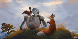  1girl 2boys absurdres artist_logo artist_name auveiss bird brightbill_(the_wild_robot) colored_sclera commentary duck_boy english_commentary fink_(the_wild_robot) fox fox_boy goose highres logo multiple_boys robot rozzum_unit_7134 the_wild_robot tree yellow_sclera 