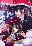  blush brown_hair couple flower gloves hat hydrangea jewelry keiko_sakano_(artist) long_hair original purple_hair umbrella 