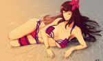  1girl bikini bracelet breasts cleavage collarbone fate/grand_order fate_(series) flower hair_flower hair_ornament highres jewelry kisaragi_chiyuki large_breasts long_hair on_side panties parted_lips partially_submerged purple_hair red_eyes sand scathach_(fate/grand_order) side-tie_panties solo swimsuit thigh_strap underwear water 