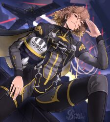  1girl absurdres artist_logo blonde_hair brown_eyes brown_hair cape clothes_writing commentary contrail curly_hair eagle_1_(helldivers) english_commentary explosion freckles from_below gradient_hair helldivers_(series) helmet highres holding holding_helmet laser logo multicolored_hair on_railing pilot_helmet railing salute short_hair skull_print solo spacecraft spiritdraws starfighter two-tone_hair unworn_headwear unworn_helmet watermark zipper_pull_tab 