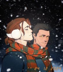  2boys allie_lynee black_hair black_jacket black_sky blue_jacket brock_rumlow brown_hair closed_eyes closed_mouth dated earmuffs facial_hair hair_bun highres jacket james_buchanan_barnes looking_at_another marvel marvel_cinematic_universe multiple_boys night outdoors red_scarf scarf short_hair sky smile snowing striped_clothes striped_scarf winter yellow_eyes 