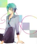  blue_eyes blue_hair blush genderswap hatsune_mikuo headphones necktie pants vocaloid 