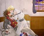  bed blonde_hair blue_eyes brown_hair couple gloves guilty_gear ky_kiske long_hair pants ponytail red_eyes short_hair smile sol_badguy yaoi 