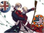  00s america axis_powers_hetalia blonde_hair blue_eyes couple crossover gloves green_eyes gun hug jacket kannazuki_no_miko moon pants uniform united_kingdom yaoi 