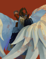  1girl absurdres ange_katrina ange_katrina_(1st_costume) angel_wings black_coat blood blood_on_hands bloody_wings blue_eyes cardigan clenched_hand coat commentary_request crossed_bangs feathered_wings feet_out_of_frame glowing glowing_eyes hair_between_eyes hair_intakes hand_up highres long_bangs long_sleeves looking_at_viewer nijisanji off_shoulder red_background red_cardigan redhead short_hair simple_background solo virtual_youtuber white_wings wings zxjv 