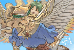  2boys angel antenna_hair blonde_hair blue_background blue_tunic brown_eyes closed_eyes collarbone dated flying fujiwara_yuusuke green_hair honest_(yu-gi-oh!) long_hair looking_back moiko multiple_boys open_mouth short_hair signature tears tunic twitter_username white_wings wings yu-gi-oh! yu-gi-oh!_gx 