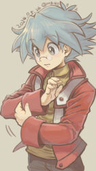  1boy black_pants blue_hair closed_mouth dated dressing fingernails glasses grey_background grey_eyes jacket long_sleeves male_focus marufuji_sho moiko pants red_jacket shirt short_hair solo yellow_shirt yu-gi-oh! yu-gi-oh!_gx 
