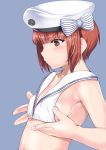  &gt;:( 1girl armpits bikini breast_conscious breasts brown_eyes brown_hair collarbone from_side hat kantai_collection lips looking_down midriff mr.lostman profile sailor_bikini sailor_collar sailor_hat serious short_hair sideboob small_breasts solo swimsuit upper_body white_bikini white_hat z3_max_schultz_(kantai_collection) 