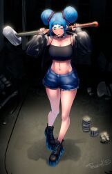 1girl absurdres alternative_version blue_hair breasts bun_hairstyle city_background destroyed_city hammer hatsune_miku hatsunemiku_fanart highres jeans_shorts original_art sledgehammer tesserax_art twobuns vocaloid vocaloid_fanart