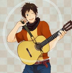  axis_powers_hetalia black_hair blush green_eyes happy musical_instrument scarf spain wink 