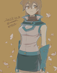  1girl arms_at_sides black_skirt blue_gloves brown_eyes brown_hair closed_mouth dated eyelashes ginkgo_leaf gloves hair_between_eyes leaf looking_at_viewer moiko shirt skirt solo tenjouin_asuka twitter_username white_shirt yu-gi-oh! yu-gi-oh!_gx 