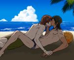  allelujah_haptism beach black_hair couple gundam_00 kiss neil_dylandy orange_hair short_hair sky speedo swim_trunks tanline water yaoi 