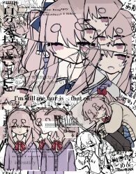  1other akiyama_mizuki angst blue_bow bow broken_glass cardigan crying glass hair_bow iewa kamiyama_high_school_uniform_(project_sekai) keikyoku_no_machi_wa_doko_e_(project_sekai) multiple_views open_mouth pink_eyes pink_hair project_sekai purple_cardigan red_bow school_uniform side_ponytail speech_bubble surreal translation_request white_background yellow_cardigan 