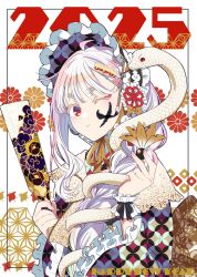 1girl 2025 ;( akeome ball bonnet bow braid brown_bow chinese_zodiac facepaint frilled_kimono frills hagoita hair_ornament hane_(hanetsuki) hanetsuki happy_new_year highres hirayama_kanna holding holding_ball holding_paddle japanese_clothes kikumon kimono light_frown long_hair new_year original paddle red_eyes single_braid single_sidelock slit_pupils snake snake_girl text_hair_ornament thick_eyebrows white_hair year_of_the_snake