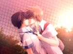  black_hair brown_hair couple kiss necktie seifuku sky sunset tree yaoi 