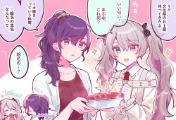  25-ji_miku 2girls :d asahina_mafuyu black_bow blue_eyes bow breasts brown_shirt chibi clenched_hands collared_shirt dress eating fried_squid grey_hair hair_between_eyes hair_bow hands_up hatsune_miku heterochromia highres ikayaki jacket keikyoku_no_machi_wa_doko_e_(project_sekai) medium_breasts multiple_girls necktie notice_lines open_clothes open_jacket parted_lips ponytail project_sekai purple_hair red_necktie red_sweater ribbed_shirt roman_numeral shirt smile sorimachi-doufu sparkle striped_bow sweater translation_request twintails violet_eyes vocaloid white_dress white_jacket white_shirt 