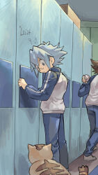  2boys blue_hair blue_pants brown_cat closed_mouth dated glasses highres jacket locker locker_room long_sleeves male_focus marufuji_sho moiko multiple_boys pants pharaoh_(cat) short_hair standing twitter_username white_footwear white_jacket yu-gi-oh! yu-gi-oh!_gx yuki_judai 