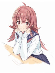  1girl ahoge blush commentary_request hair_flaps idolmaster idolmaster_shiny_colors komiya_kaho long_hair long_sleeves looking_at_viewer nannacy7 pleated_skirt red_eyes redhead school_uniform serafuku shirt skirt smile solo very_long_hair white_shirt 
