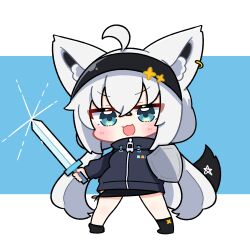  ahoge animal_ear_fluff animal_ear_piercing animal_ears black_hairband black_jacket black_socks chibi dohoon fox_ears fox_girl fox_tail hairband highres holding holding_shield holding_sword holding_weapon hololive jacket shield shirakami_fubuki shirakami_fubuki_(loungewear) side-tie_shirt socks solo sword tail v-shaped_eyebrows virtual_youtuber weapon 