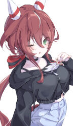  1girl absurdres animal_ears blush breasts casual collar collarbone commentary_request green_eyes hair_between_eyes hair_ornament highres horse_ears horse_girl long_hair looking_at_viewer low_twintails nazmocha open_mouth redhead solo twintails umamusume white_background win_variation_(umamusume) 