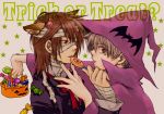  albino bandage black_eyes brown_hair couple grey_hair halloween haruka hat ichinomiya_kantarou nail_polish red_eyes ribbon short_hair stars suit sweets tactics tattoo witch yaoi 