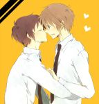  blush brown_eyes brown_hair couple heart hug koizumi_itsuki kyon necktie seifuku short_hair the_melancholy_of_haruhi_suzumiya yaoi 