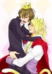  b_prince blonde_hair blush brown_eyes brown_hair cape cat_ears couple fang hug jewelry royalty seifuku short_hair smile tail yaoi yellow_eyes 