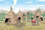  2girls 4boys barefoot black_hair caveman child facial_hair fire hut meat multiple_boys multiple_girls nature outdoors plant prehistoric sky smoke spear stone trees village water weapon wood 